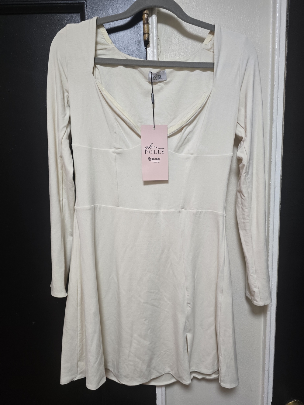 Oh Polly Cream Long Sleeve Skater Dress with V-Neck